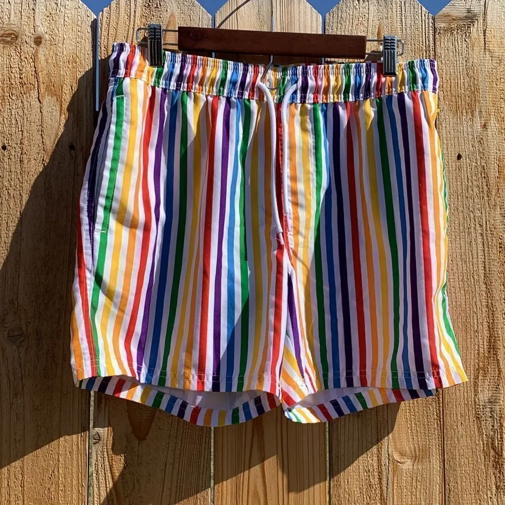 Take 50% OFF- Trinity Collective Rainbow Striped Unlined Swim Trunks, Size-M